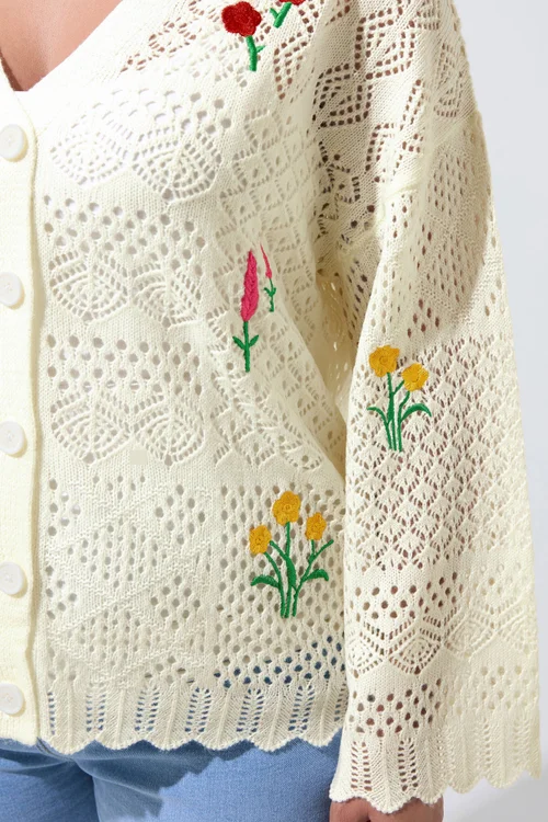 Yours Limited Curve White Crochet Embroidered Cardigan - 22-24 Image 5