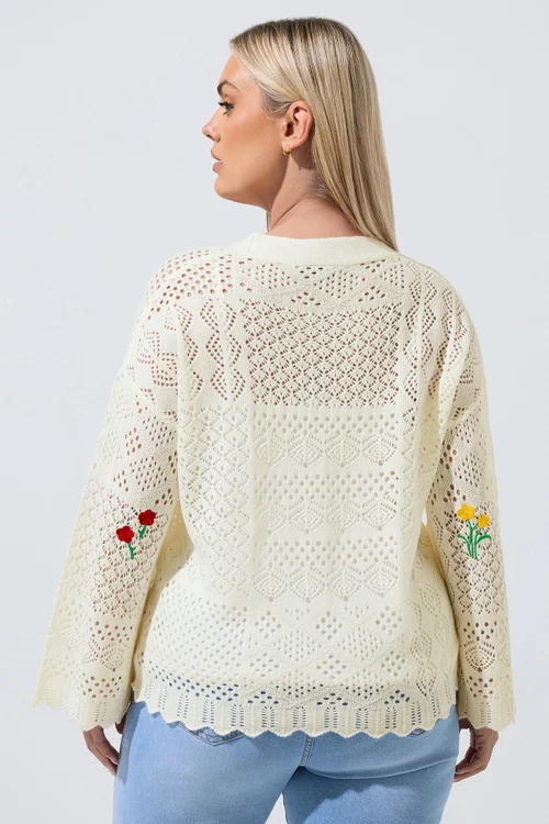 Yours Limited Curve White Crochet Embroidered Cardigan - 22-24 Image 4