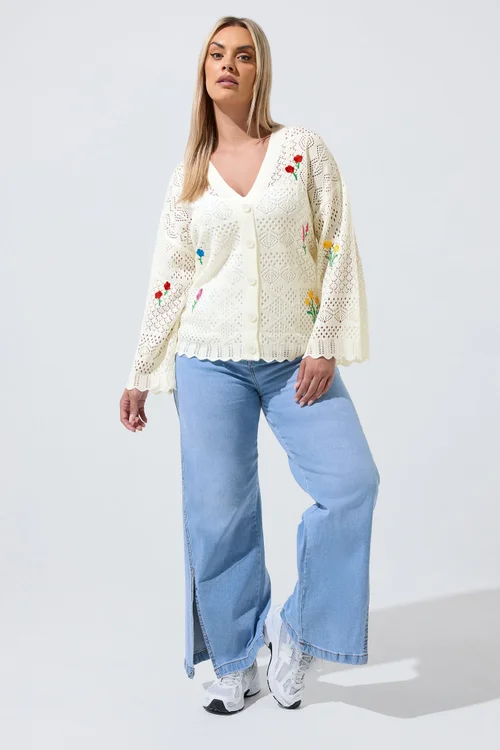 Yours Limited Curve White Crochet Embroidered Cardigan - 22-24 Image 3