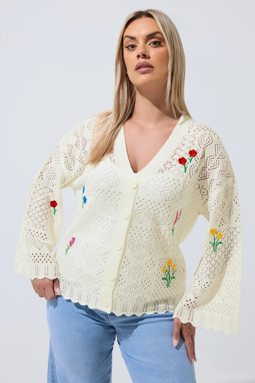 Yours Limited Curve White Crochet Embroidered Cardigan - 22-24 Image 1