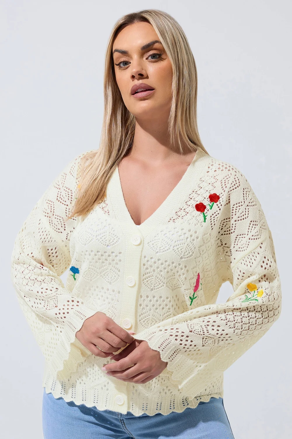 Yours Limited Curve White Crochet Embroidered Cardigan - 22-24 Image 2