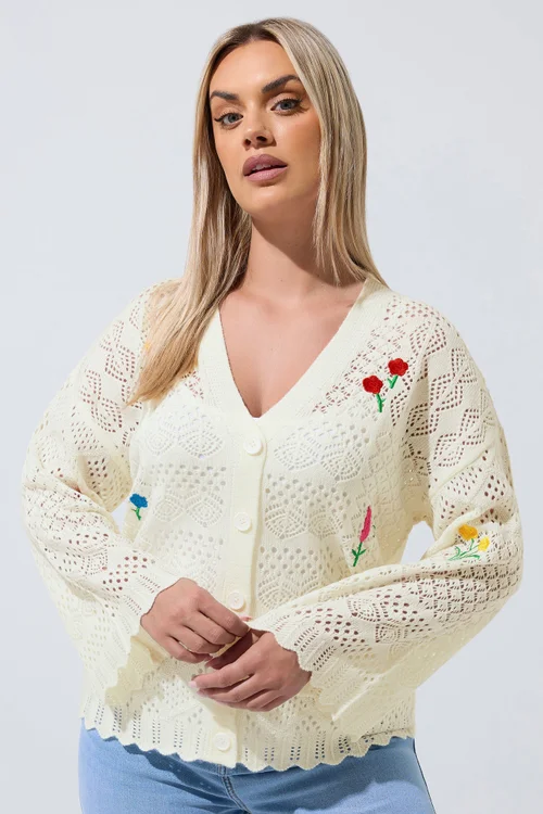 Yours Limited Curve White Crochet Embroidered Cardigan - 22-24 Image 2