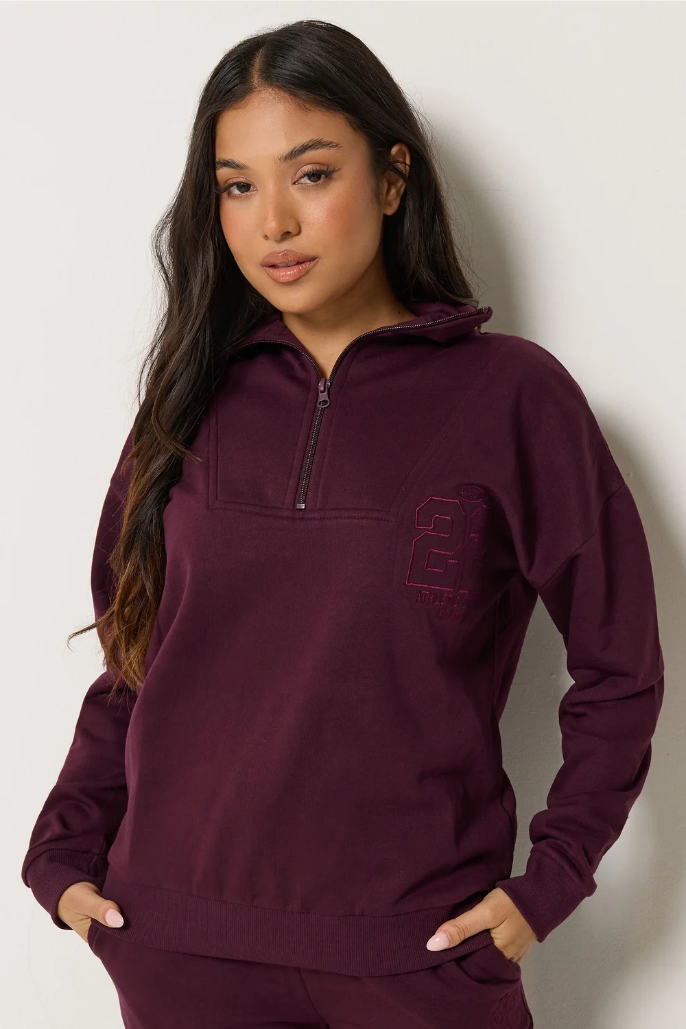 PixieGirl Petite Dark Red Embroidered '22' Slogan Funnel Neck Sweatshirt - 12 Image 2