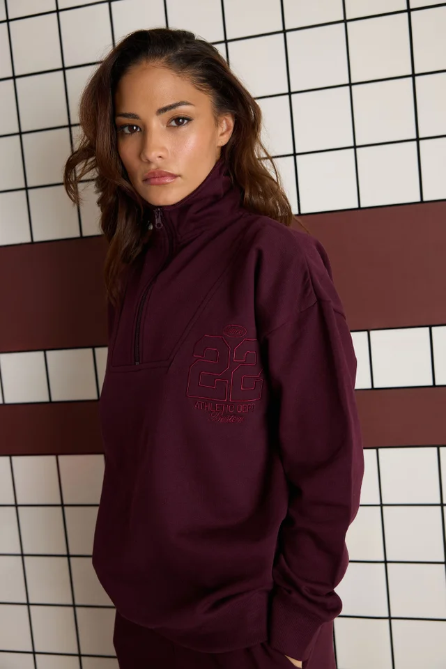PixieGirl Petite Dark Red Embroidered '22' Slogan Funnel Neck Sweatshirt