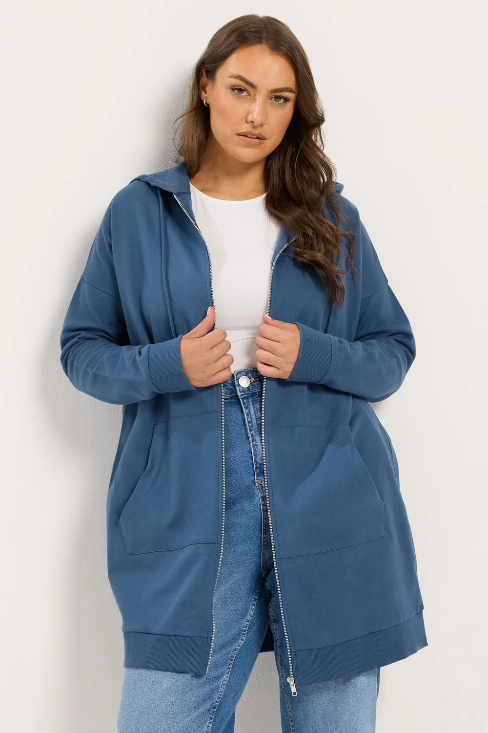 Yours Curve Dark Blue Longline Zip Through Hoodie - 26-28 Image 1