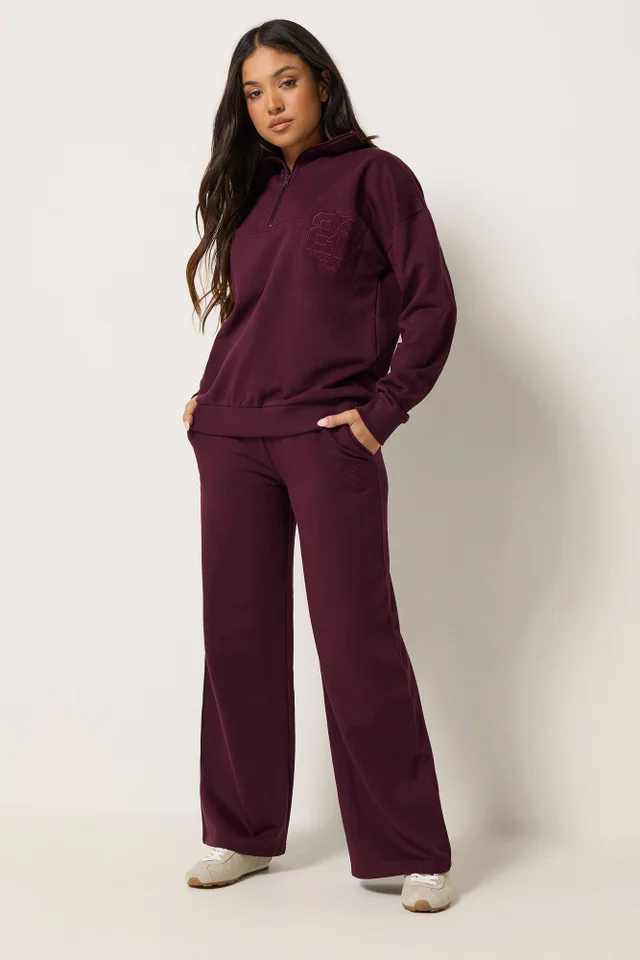 PixieGirl Petite Dark Red Embroidered '22' Slogan Wide Leg Joggers