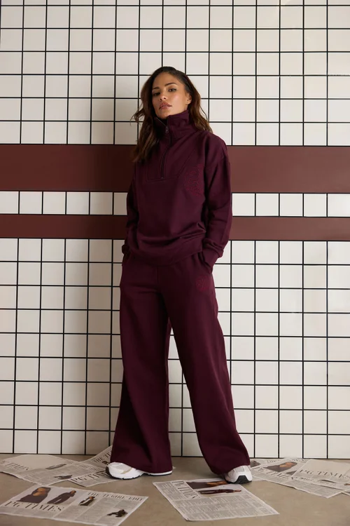 PixieGirl Petite Dark Red Embroidered '22' Slogan Wide Leg Joggers - 6/L27 Image 1