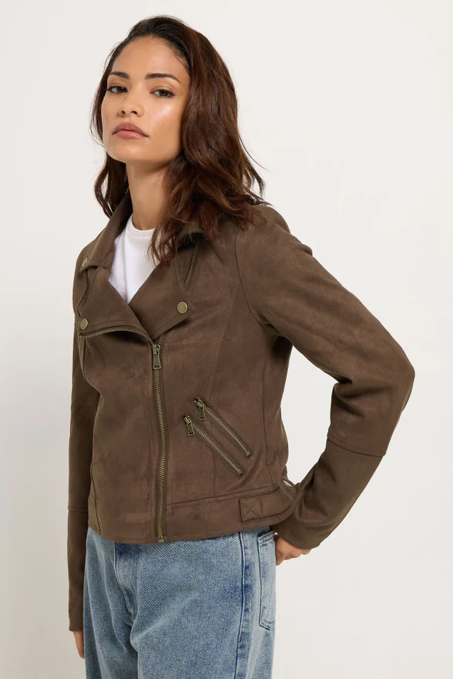 PixieGirl Petite Chocolate Brown Faux Suede Biker Jacket
