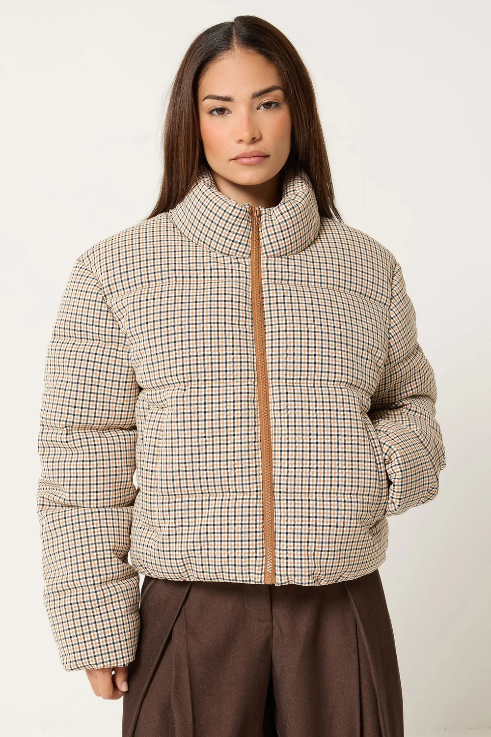 PixieGirl Petite Natural Brown Check Puffer Coat - 16 Image 1