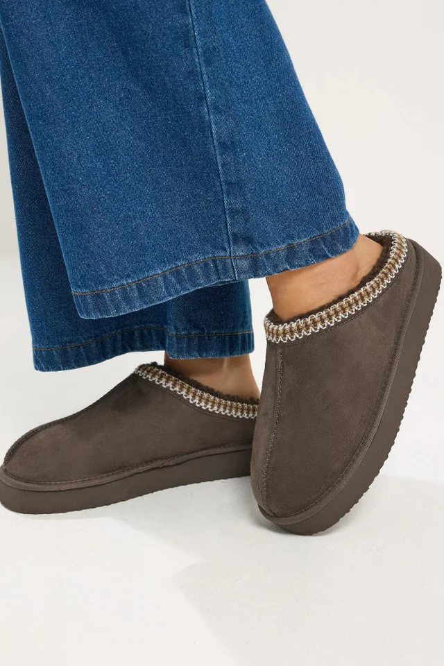 Yours Chocolate Brown Faux Suede Embroidered Mules In Wide E Fit & Extra Wide EEE Fit