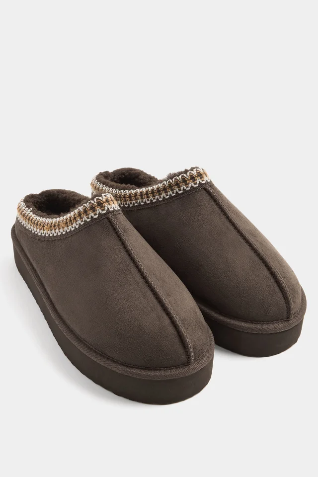 Yours Chocolate Brown Faux Suede Embroidered Mules In Wide E Fit & Extra Wide EEE Fit