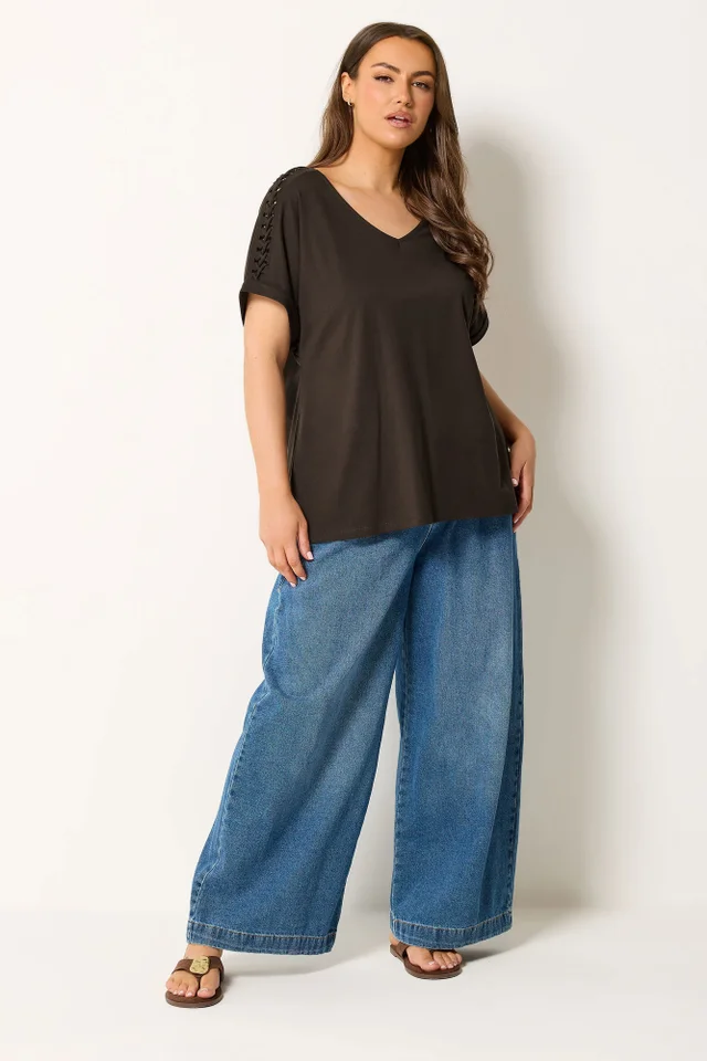 Yours Curve Brown Lattice Grown On Sleeve T-Shirt