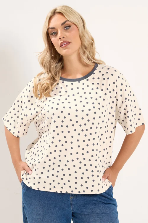 Yours Curve Ivory White Polka Dot Textured Top - 34-36 Image 1