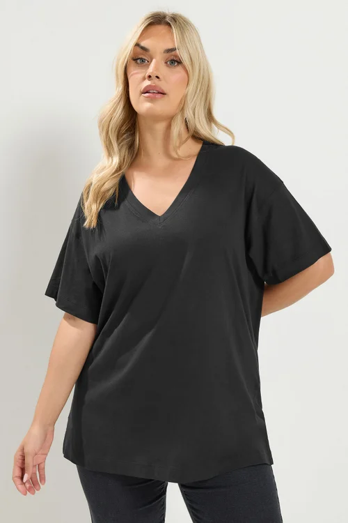 Yours Curve Black V-neckline Longline T-Shirt - 26-28 Image 1