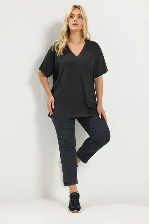 Yours Curve Black V-neckline Longline T-Shirt - 26-28 Image 2