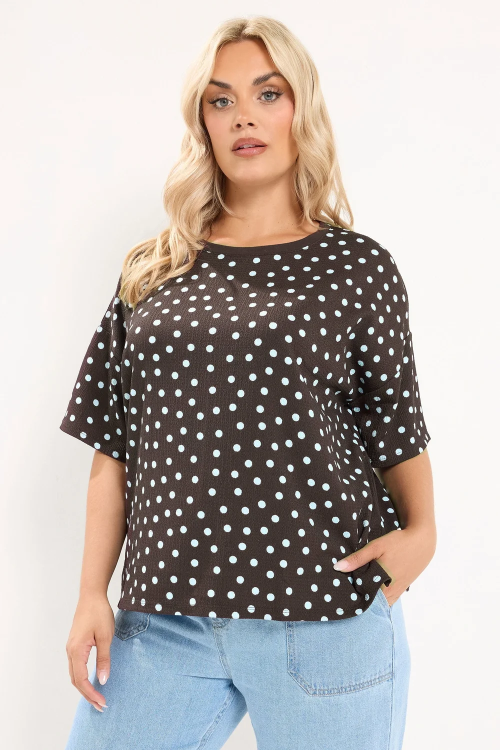 Yours Curve Chocolate Brown Polka Dot Textured Top - 16 Image 1