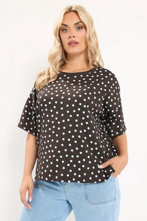 Yours Curve Chocolate Brown Polka Dot Textured Top - 16 Image 1