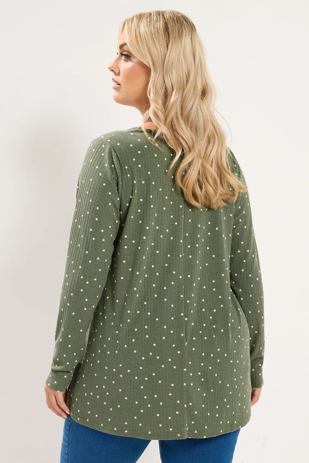 Yours Curve Green Polka Dot Ribbed Button Top - 12 Image 3