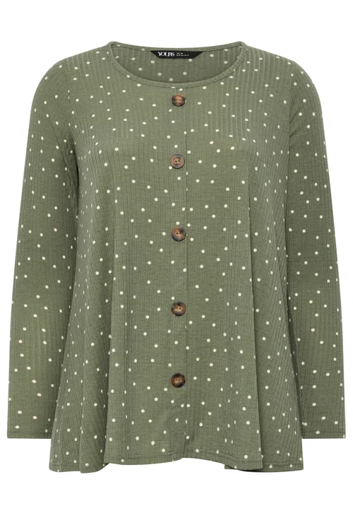 Yours Curve Green Polka Dot Ribbed Button Top - 12 Image 5