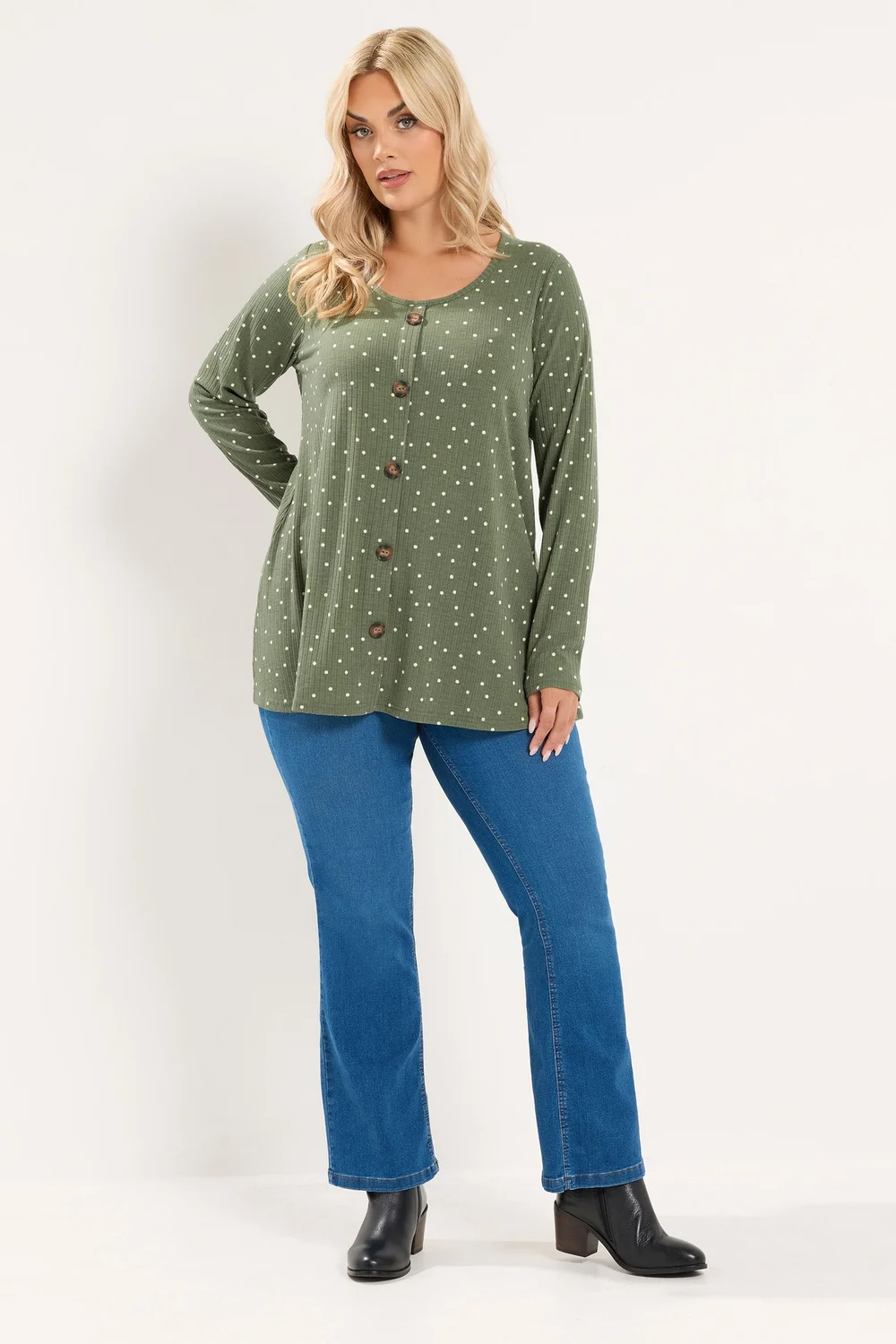 Yours Curve Green Polka Dot Ribbed Button Top - 12 Image 2