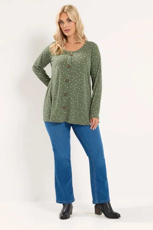 Yours Curve Green Polka Dot Ribbed Button Top - 12 Image 2