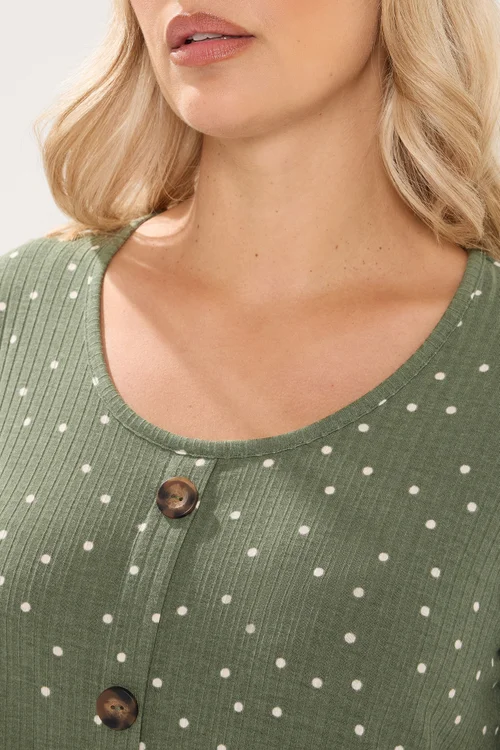 Yours Curve Green Polka Dot Ribbed Button Top - 12 Image 4