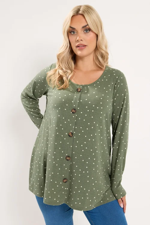 Yours Curve Green Polka Dot Ribbed Button Top - 12 Image 1