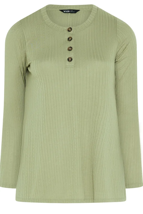 Yours Curve Khaki Green Pointelle Henley Top - 26-28 Image 5