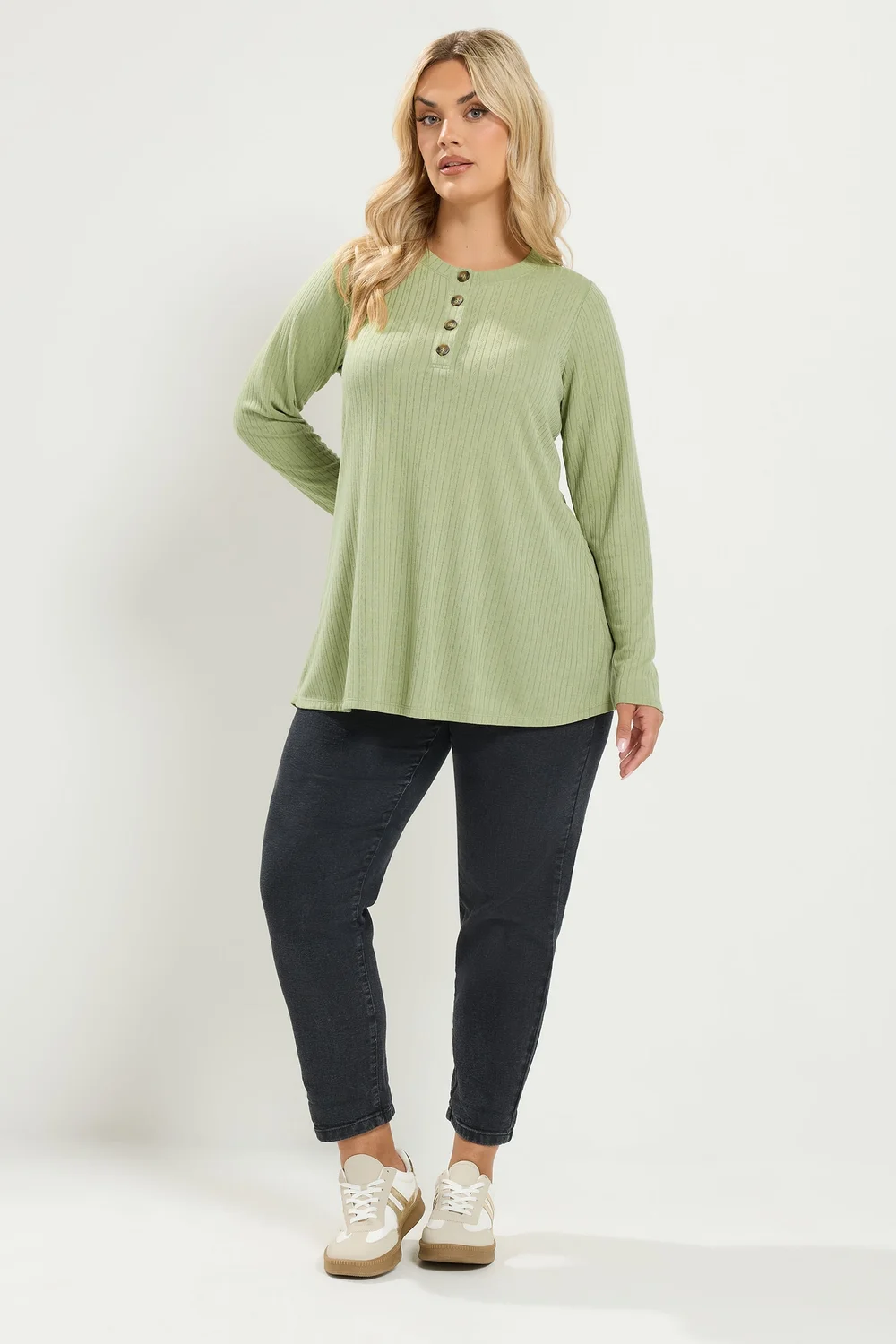 Yours Curve Khaki Green Pointelle Henley Top - 26-28 Image 2