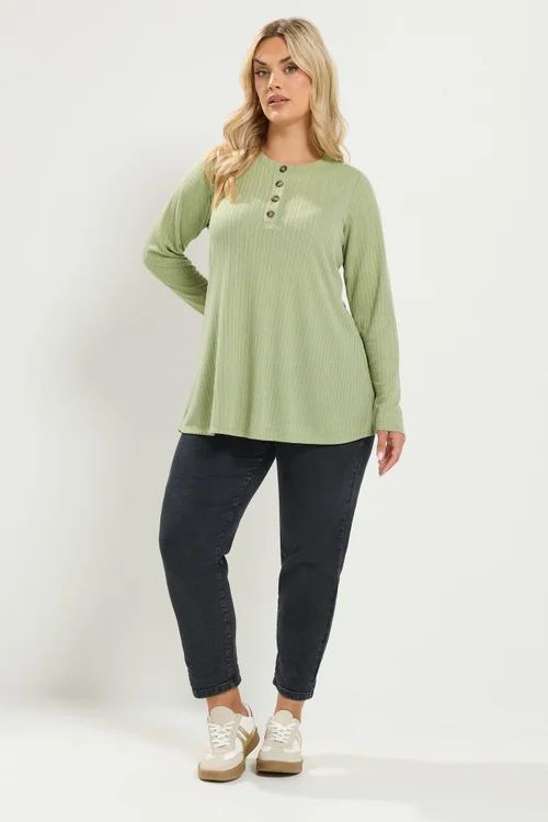 Yours Curve Khaki Green Pointelle Henley Top - 26-28 Image 2