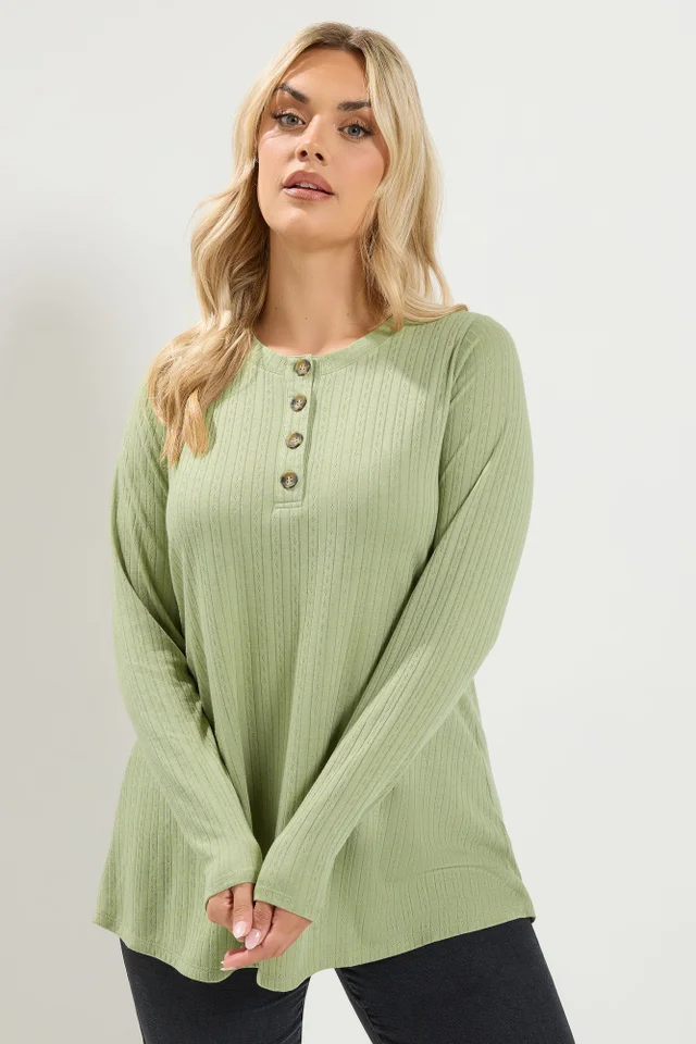 Yours Curve Khaki Green Pointelle Henley Top