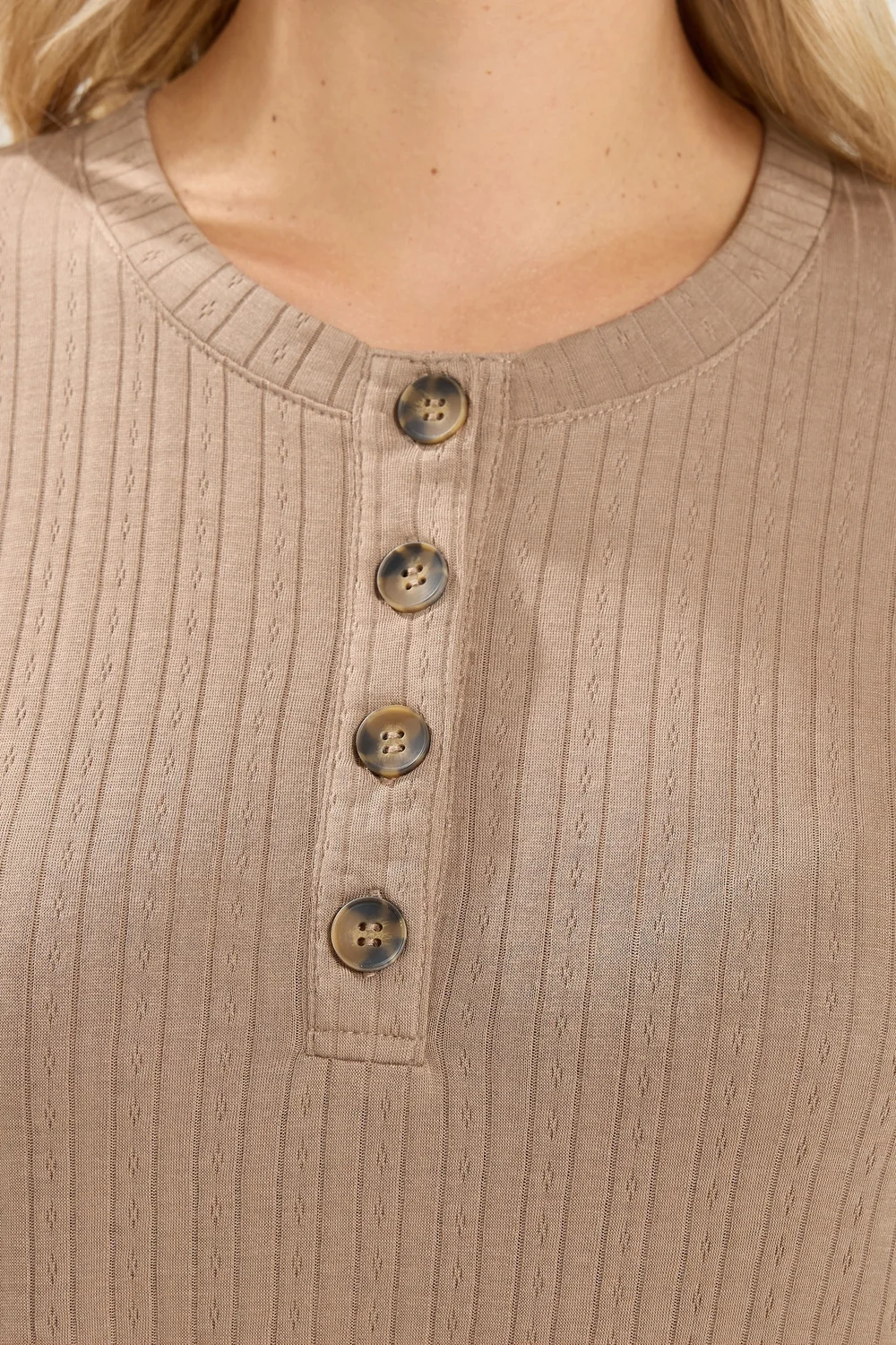 Yours Curve Natural Brown Pointelle Henley Top - 14 Image 4