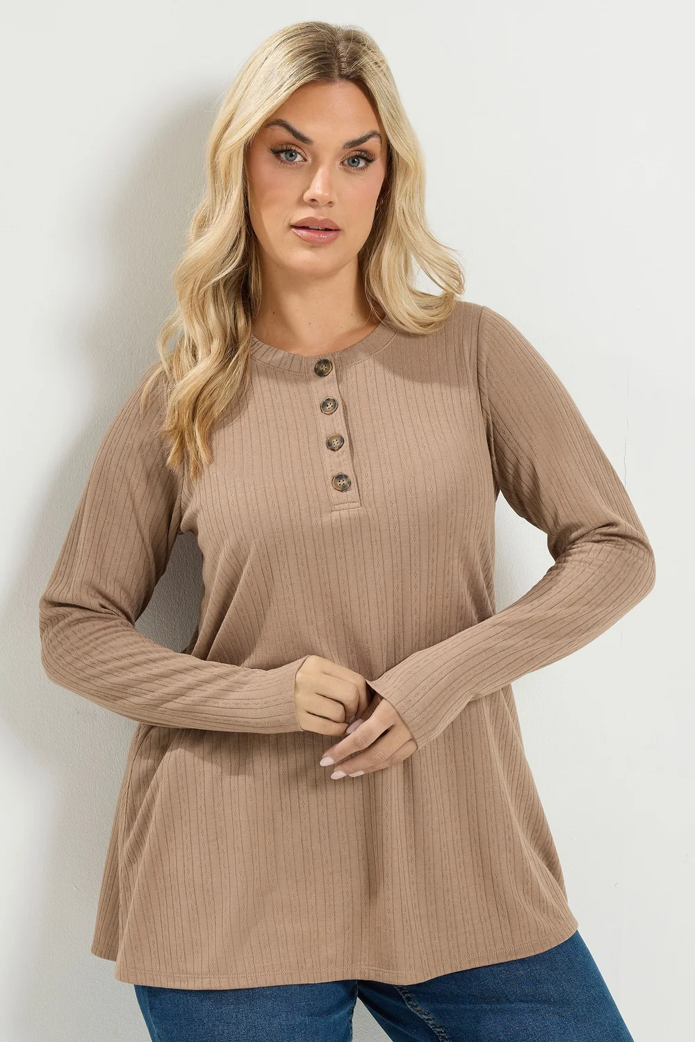 Yours Curve Natural Brown Pointelle Henley Top - 14 Image 1