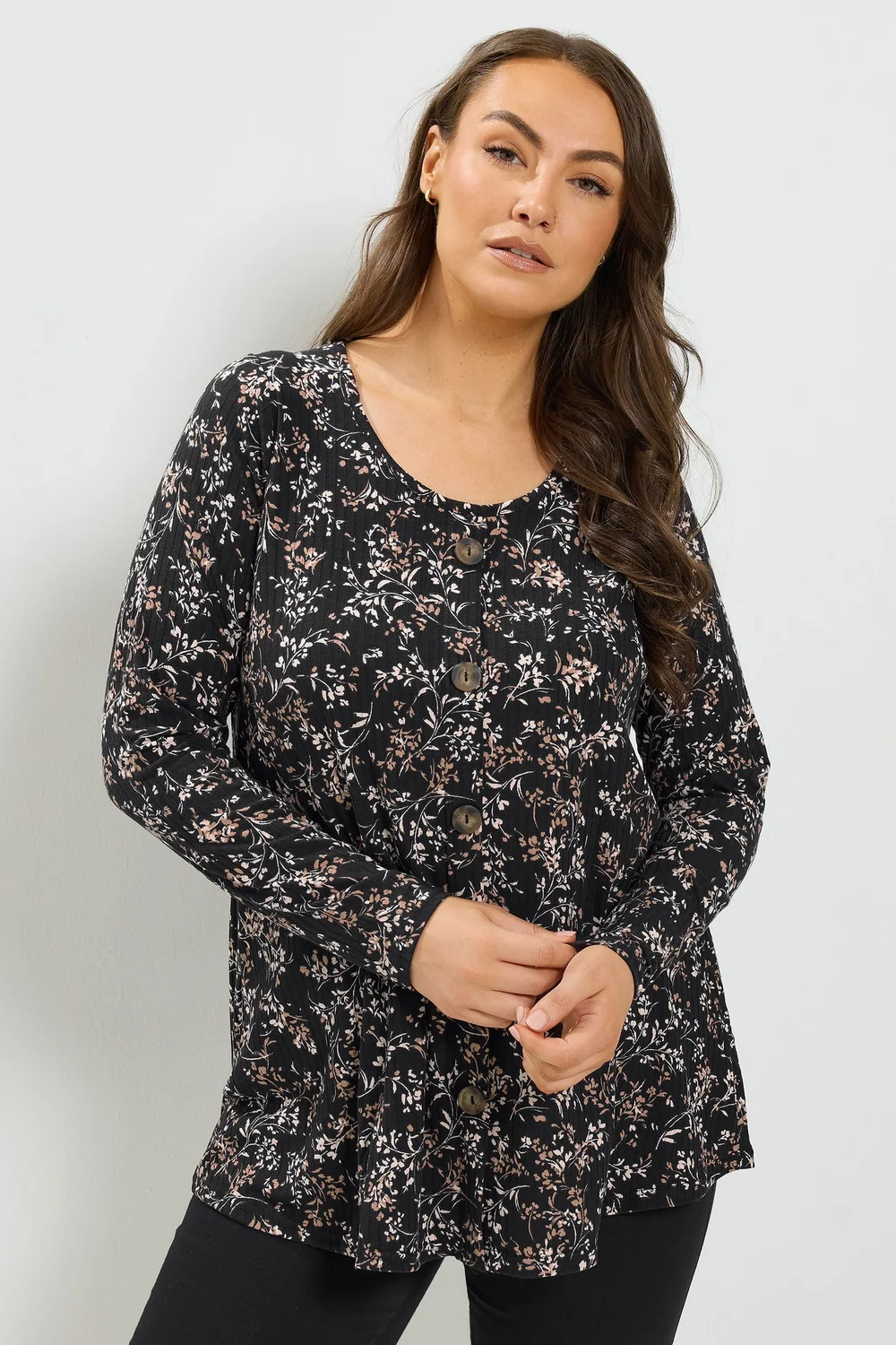Yours Curve Black Floral Print Ribbed Button Top - 22-24 Image 1
