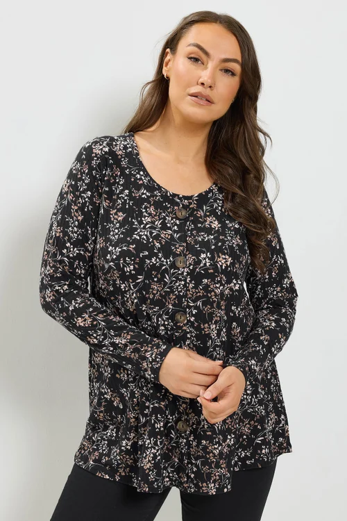 Yours Curve Black Floral Print Ribbed Button Top - 22-24 Image 1
