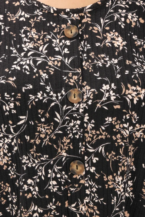 Yours Curve Black Floral Print Ribbed Button Top - 22-24 Image 4