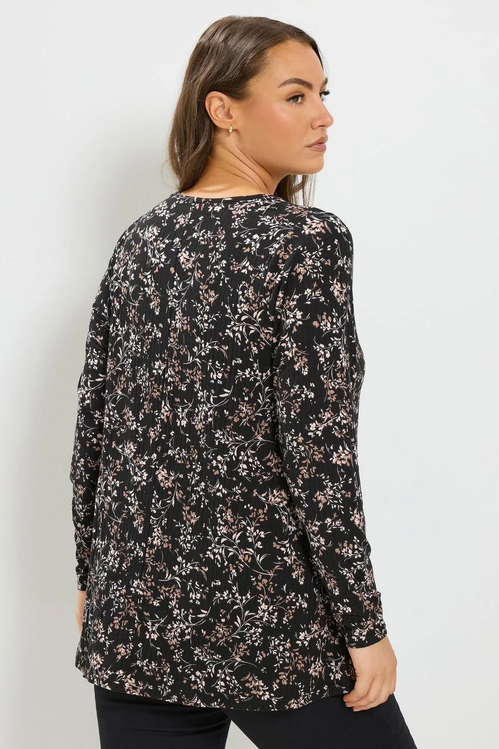 Yours Curve Black Floral Print Ribbed Button Top - 22-24 Image 3