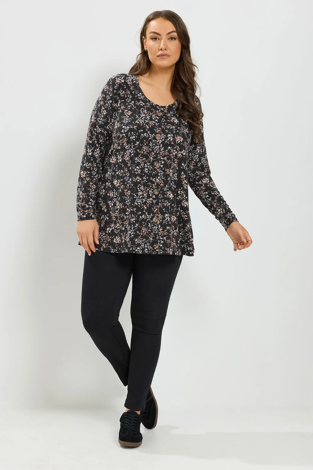 Yours Curve Black Floral Print Ribbed Button Top - 22-24 Image 2