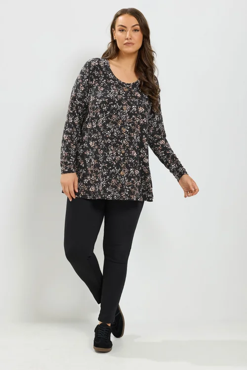 Yours Curve Black Floral Print Ribbed Button Top - 22-24 Image 2