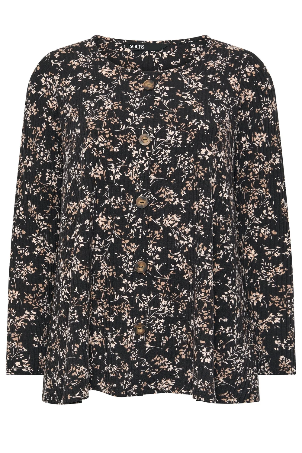 Yours Curve Black Floral Print Ribbed Button Top - 22-24 Image 5