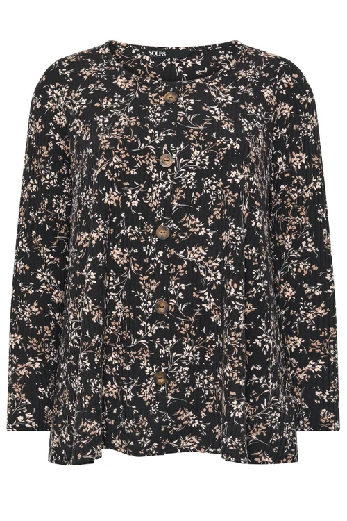 Yours Curve Black Floral Print Ribbed Button Top - 22-24 Image 5