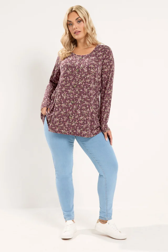 Yours Curve Burgundy Red Floral Ribbed Button Top