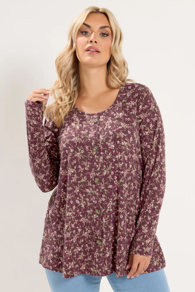 Yours Curve Burgundy Red Floral Ribbed Button Top