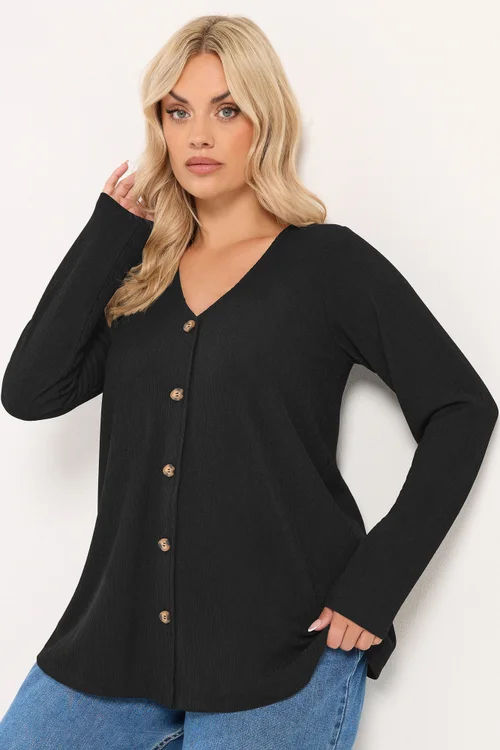Yours Curve Black Button Front Crepe Top - 14 Image 1