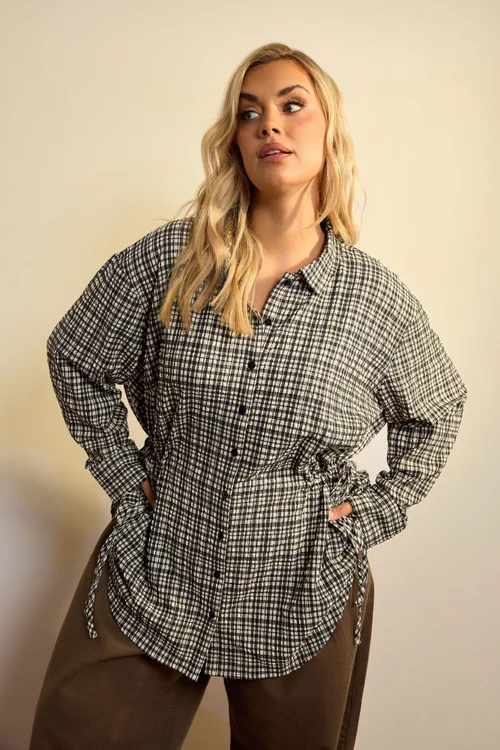 Yours Curve Black Check Textured Tie Waist Shirt - 22-24 Image 1