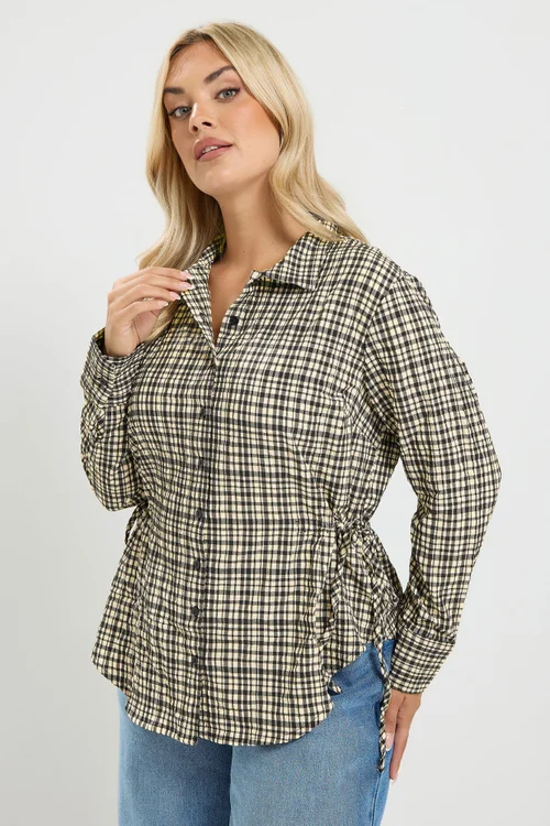 Yours Curve Black Check Textured Tie Waist Shirt - 22-24 Image 1