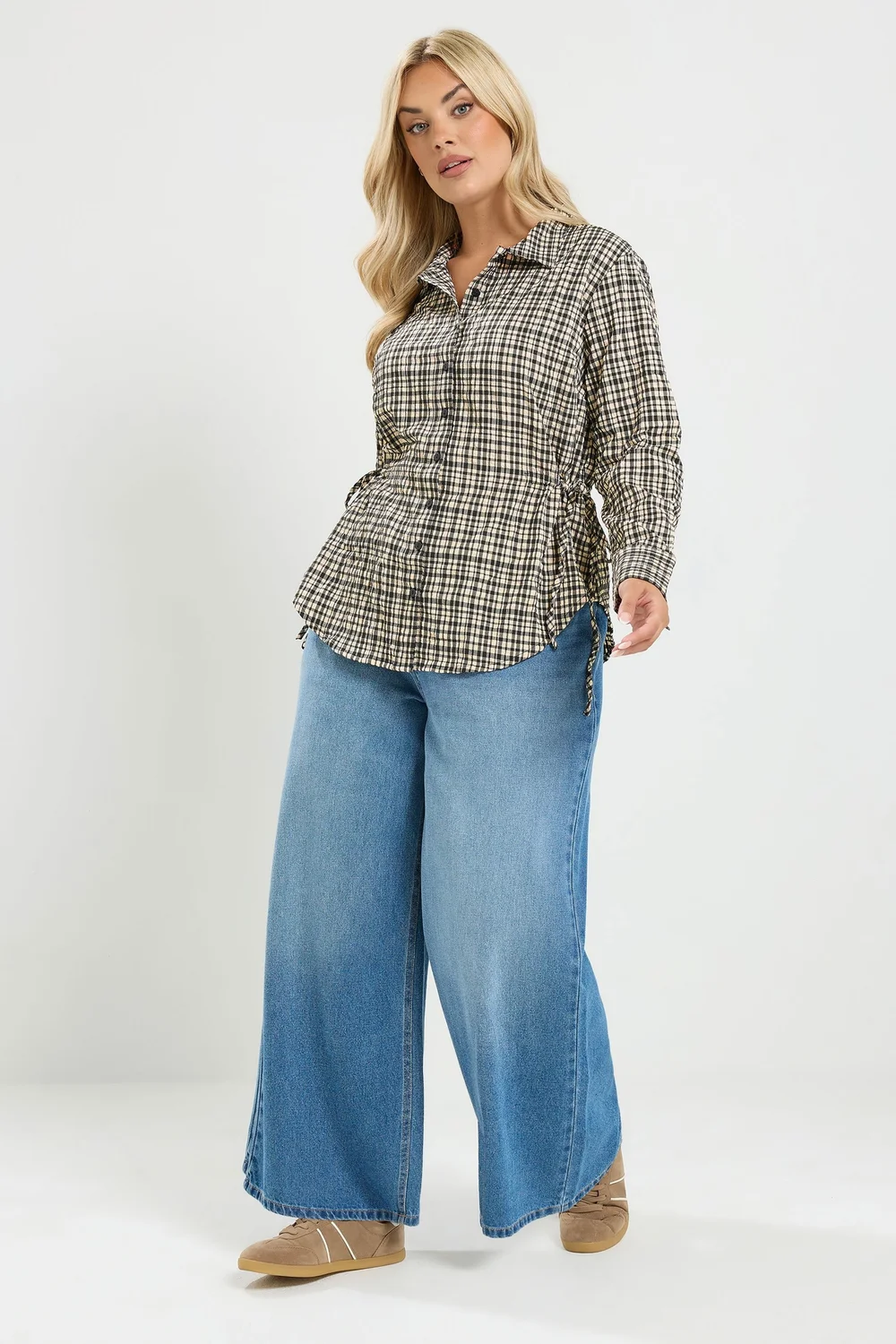 Yours Curve Black Check Textured Tie Waist Shirt - 22-24 Image 3