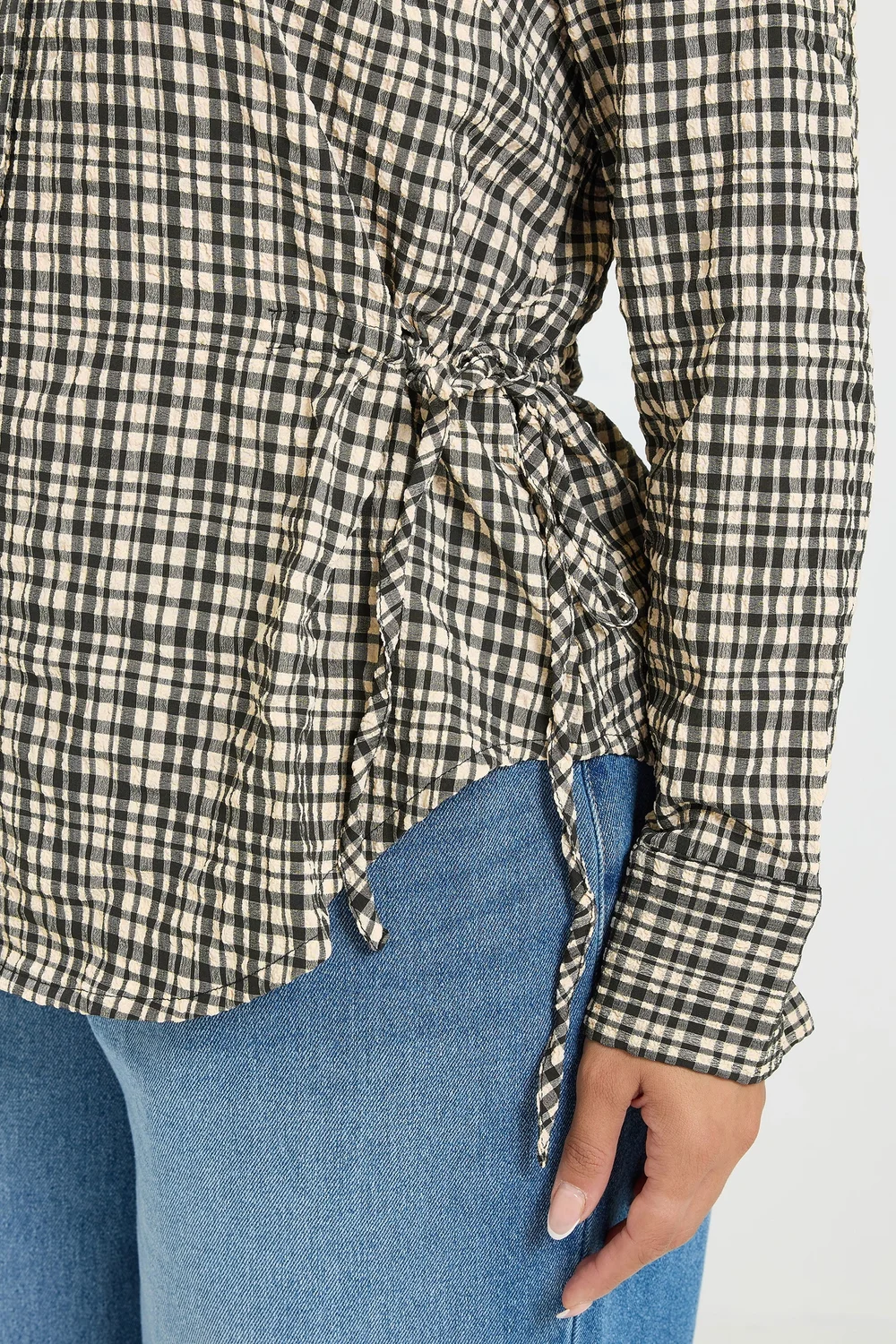 Yours Curve Black Check Textured Tie Waist Shirt - 22-24 Image 5