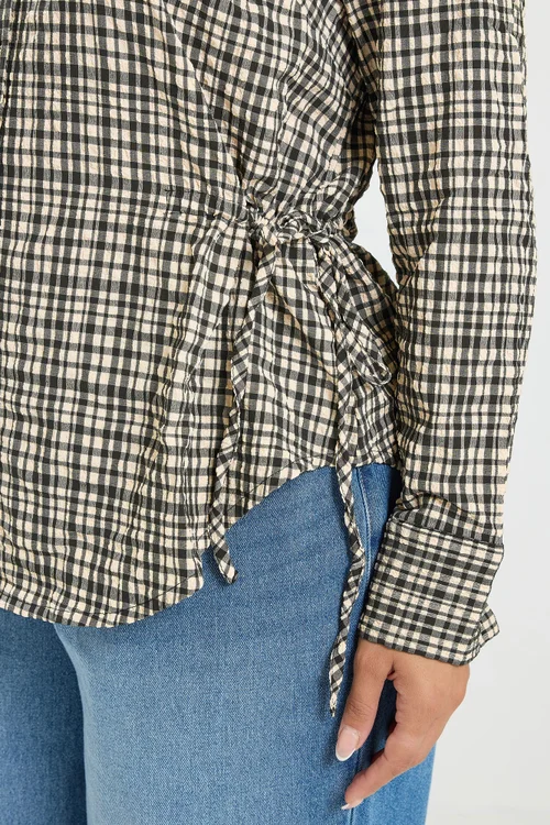 Yours Curve Black Check Textured Tie Waist Shirt - 22-24 Image 5