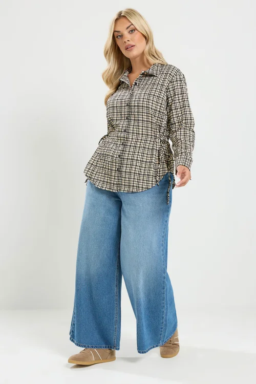 Yours Curve Black Check Textured Tie Waist Shirt - 22-24 Image 4
